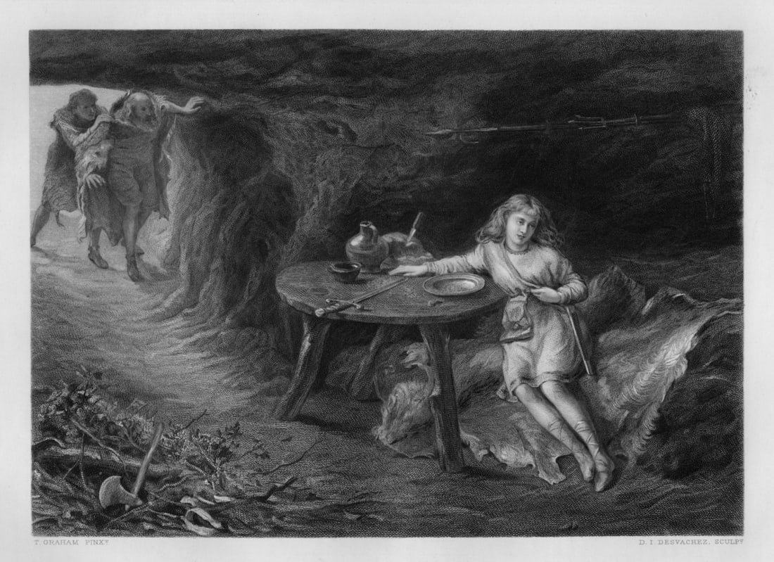 THOMAS A F GRAHAM 1800s Engraving Imogen in the Cave SIGNED (1 of 3)