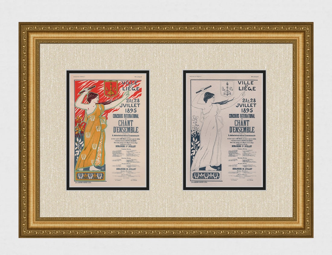 1897 Auguste Donnay Ville de Liege Lithograph one of 25 on Japon with proof: Auguste Donnay (1862-1911). Ville de Liege. Stone lithograph on Japon Paper. Extremely rare. One of only 25 printed on Japon paper and accompanied by single color proof. Year Printed: 1897. Signed in 
