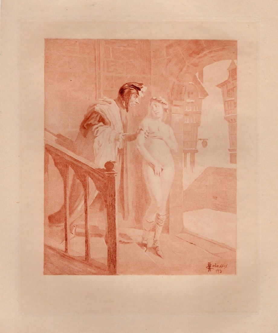 SIGNED EDMOND MALASSIS Nude Engraving THE ENCOUNTER Limited Framed: Edmond Malassis (French, 1874 - 1944). The Staircase II (L'escalier II) (Cent Nouvelles Nouvelles). Vintage copper plate engraving in red ink on Velin paper after the original by master engraver R. Lo