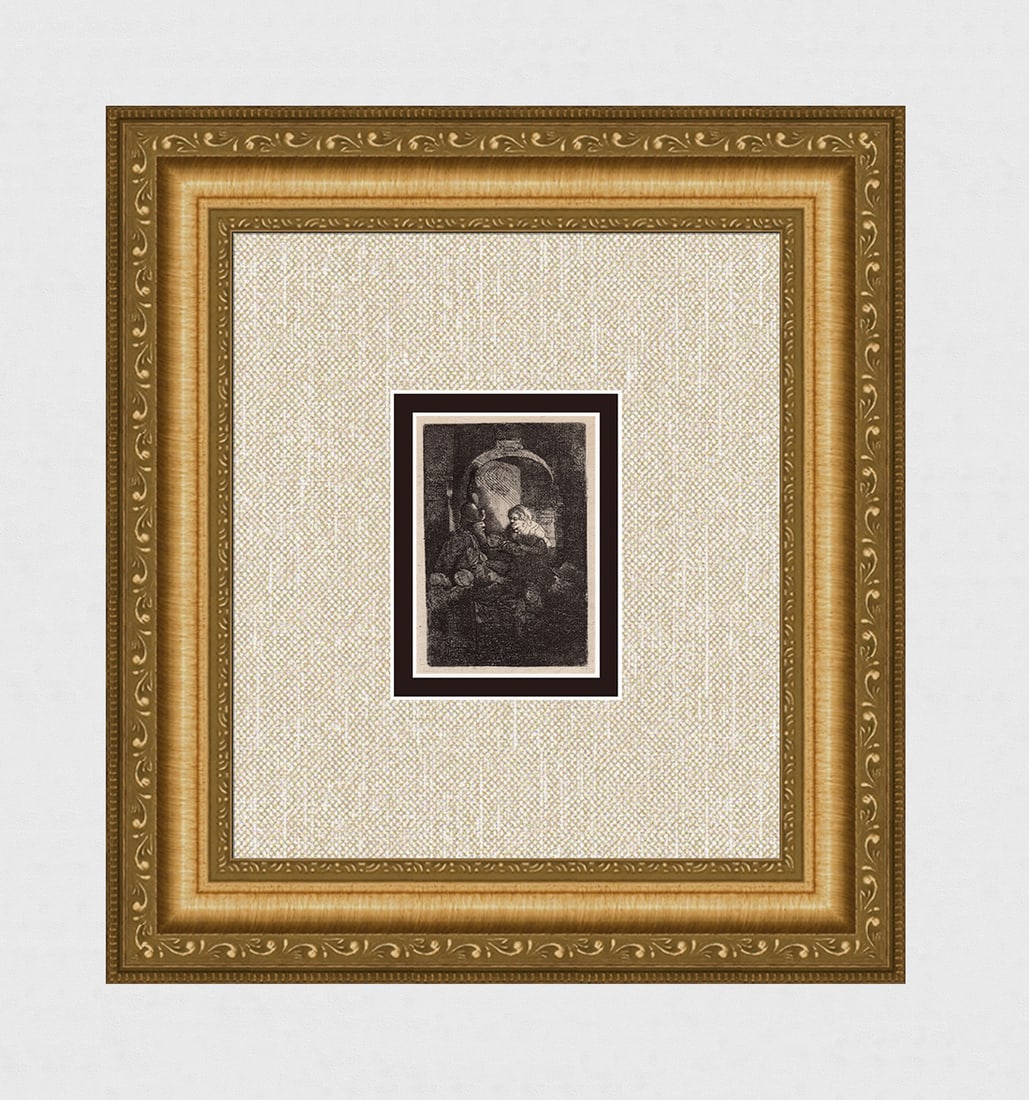 1800s REMBRANDT B128 Etching SIGNED Durand: After Rembrandt Harmenszoon Van Rijn (1606-1669). Title: Woman at a Door Hatch Talking to a man & Children. Medium: Antique hand pulled copper plate etching on laid paper after the original by master 