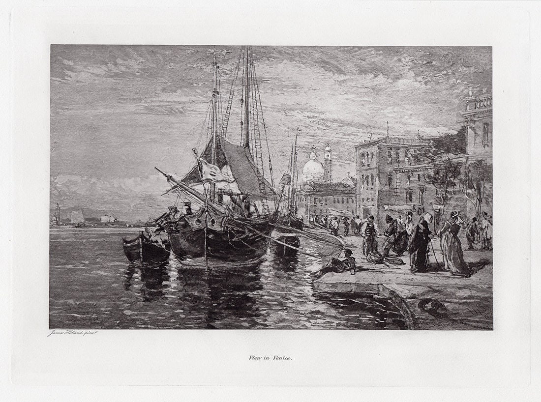 James Holland View in Venice 1892 Antique Print: James Holland. (English, 1799 -1870). View in Venice. Antique heliogravure on wove paper after the original watercolor by a Master Engraver. 1892. Excellent. Approximately 15 x 17 inches. This piece h