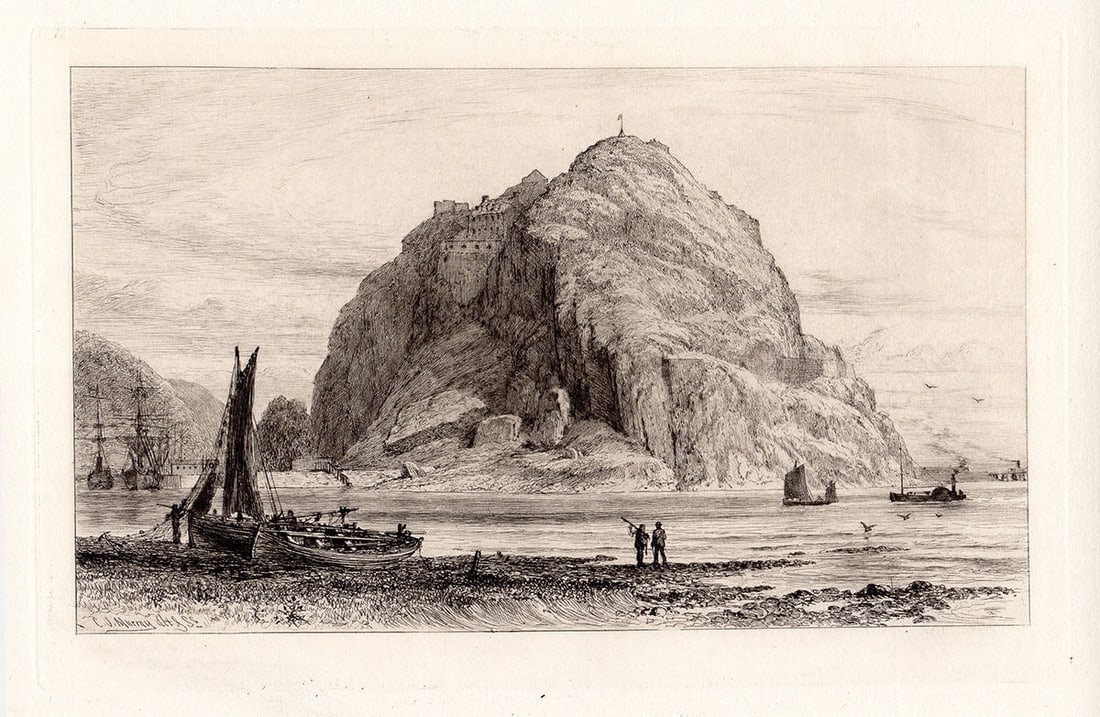 1883 Charles Oliver Murray Dumbarton etching signed: Charles Oliver Murray. (Scottish, 1842-1923). "Dumbarton". Hand Pulled copper plate etching on laid paper. 1883. Signed in the plate lower left. Excellent. Image Size 6 3/4 x 9 3/4 inches. Image Size 