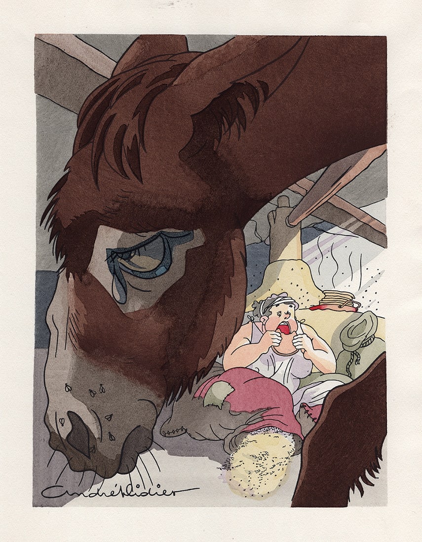 1946 Ander Didier Color Lithograph Lucius & the Baker Limited Framed Signed: Andre Didier. Lucius Falls in with the Baker and His Wife (from The Golden Donkey). Vintage color lithograph on Vellum Crown paper.Year: 1946. Numbered limited edition. This is one of 500 numbered cop