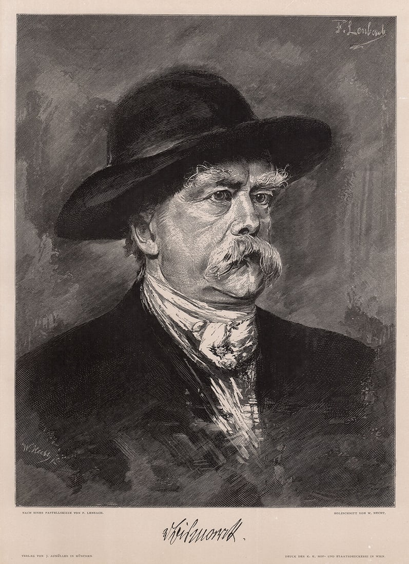 Franz von Lenbach Portrait of Otto F?rst Bismarck woodcut signed: Franz von Lenbach. (German, 1836 - 1904). Portrait of Otto F?rst Bismarck. Antique woodcut on wove paper after the original pastel sketch by Master Wood Engraver W. Hecht. 1887. Signed in the plate. E
