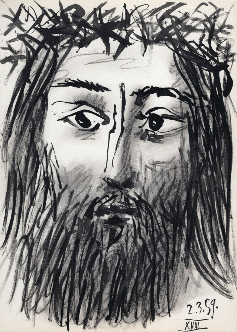 PABLO PICASSO 1961 Vintage Lithograph Christ with Thorns FRAMED: Pablo Picasso (1881 - 1973). Christ Crowned with Thorns (Cristo coronado con espinas). Black and white offset lithograph, on Arches paper, after the original sketch. Atelier: Mourlot. Year: 1961. Sign