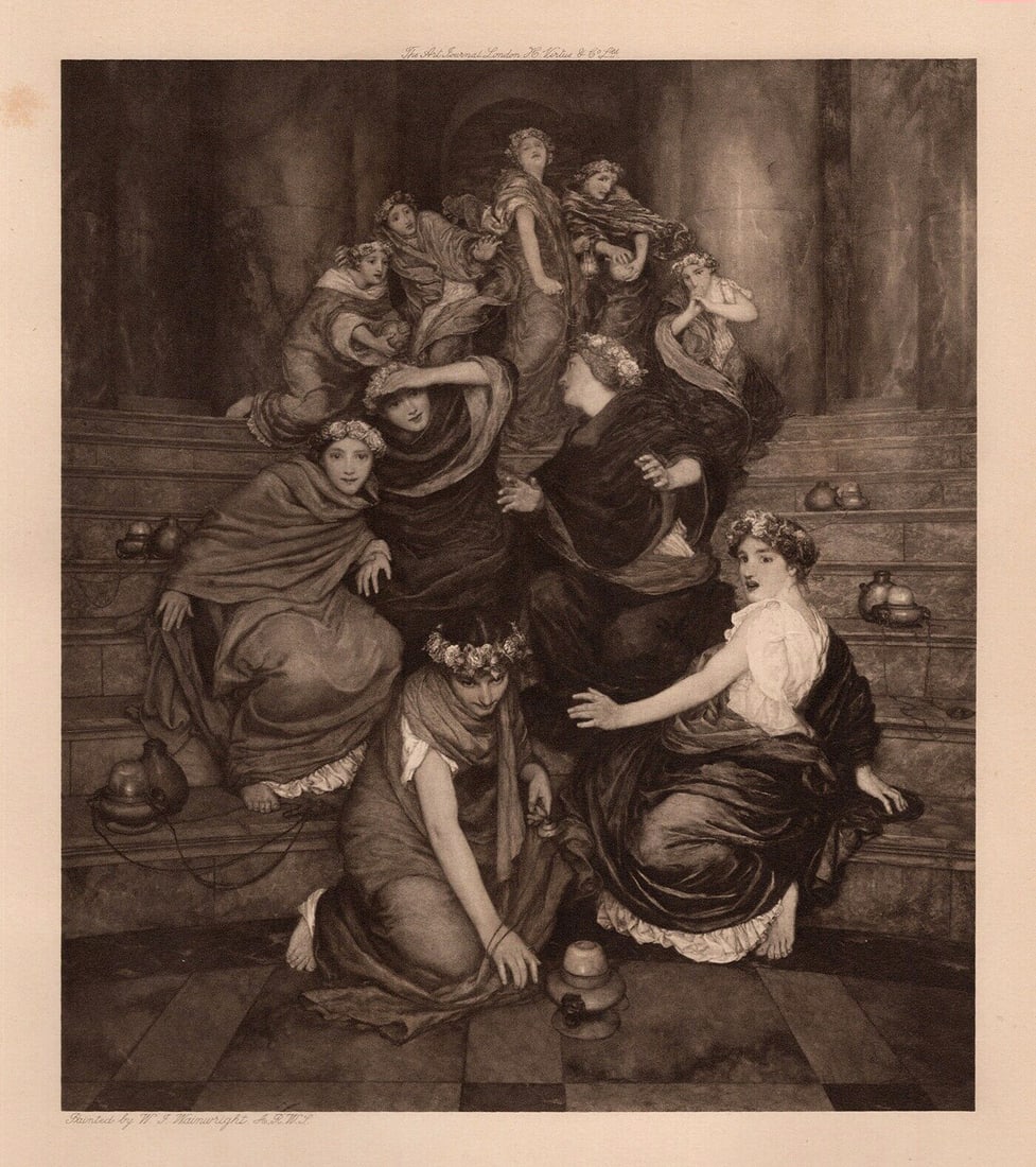 William John Wainwright Antique Print Wise & Foolish Virgins Framed Signed: William John Wainwright (British, 1855-1931). The Parable of the Five Wise and Five Foolish Virgins. Antique heliogravure on wove paper after the original painting by a Master Engraver. Year: 1901. Im