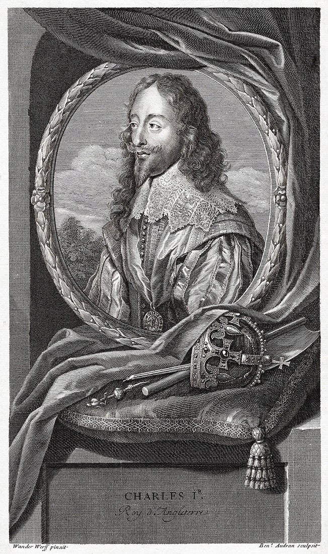 Adriaen van der Werff 1697 Engraving King Charles I Framed: Adriaen van der Werff (1659 - 1722). Portrait of King Charles I. Antique engraving on laid paper after the original by master engraver Benoit Audran (French, 1661 - 1721). Year: 1697. Signed in the pl
