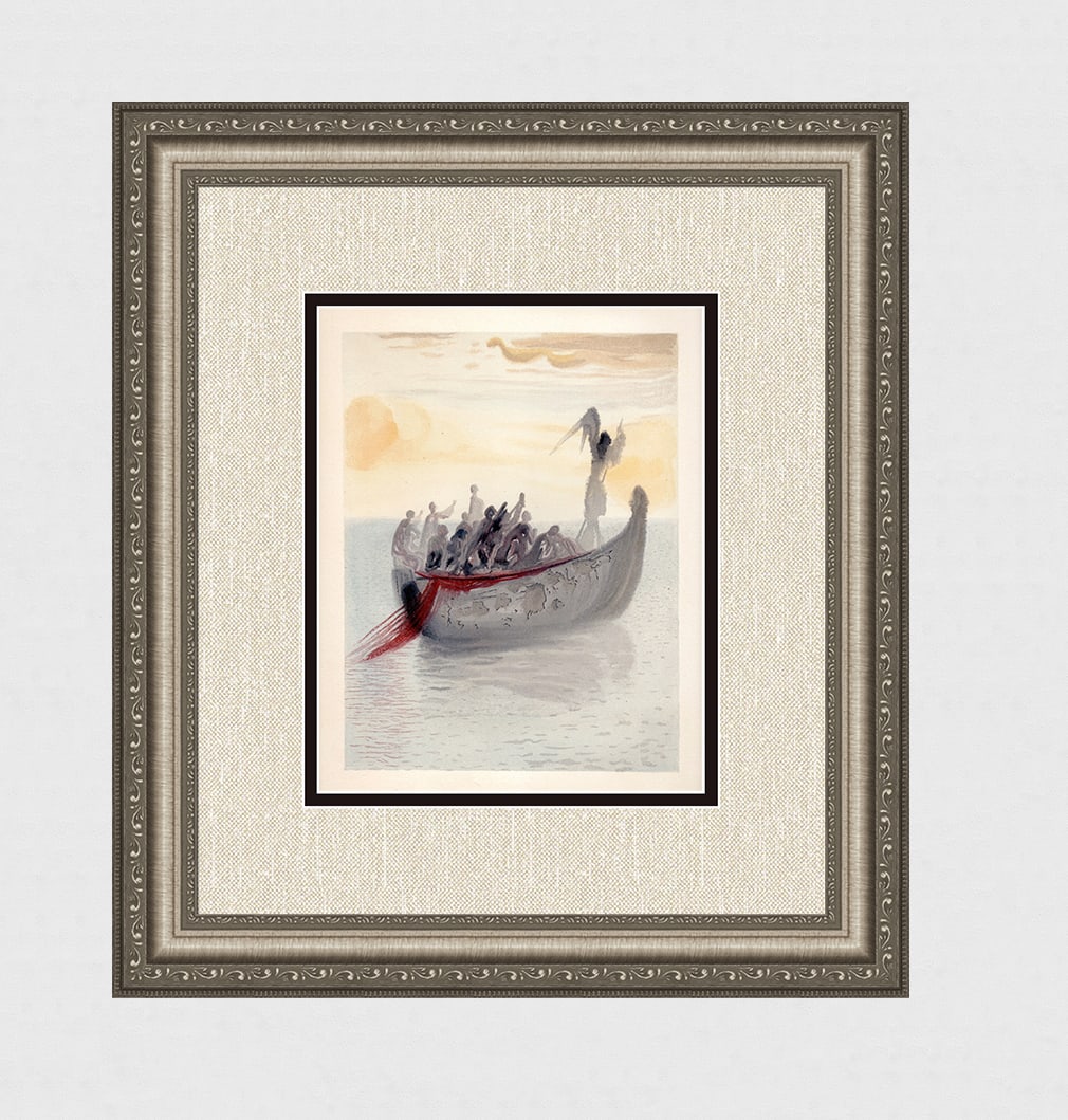 1960 Salvador Dali Ship Souls Authentic Woodcut: Salvador Dali. (1904-1989). "The Ship of Souls" Purgatory Canto 2. Authentic Original Color Woodcut from The Divine Comedy Printed in 1960 on B.F.K. Rives Paper ( this is not a reproduction, copy, or 