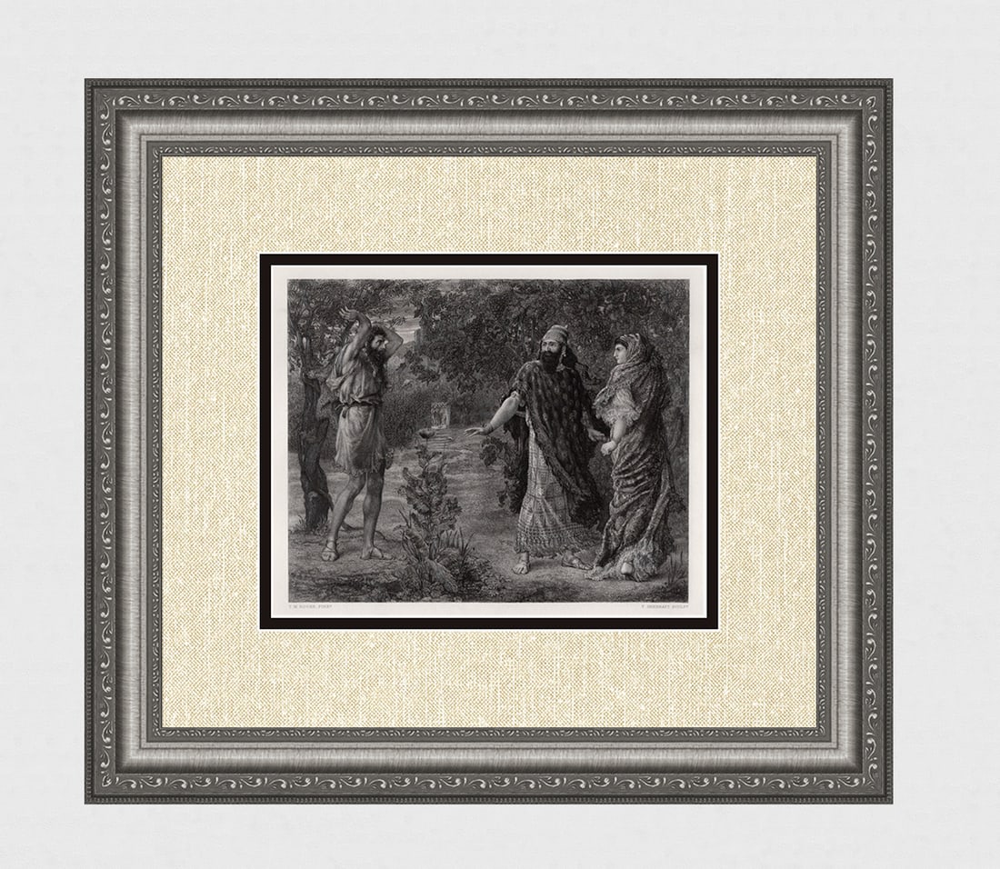 Thomas Matthews ROOKE 1800s Engraving "Naboth's Vineyard" SIGNED Framed: Thomas Matthews Rooke (British, 1842 - 1942). Elijah, Ahab, and Jezebel in Naboth's Vineyard. Antique steel engraving on wove paper after the original by master engraver Thomas Sherratt (British, 1812
