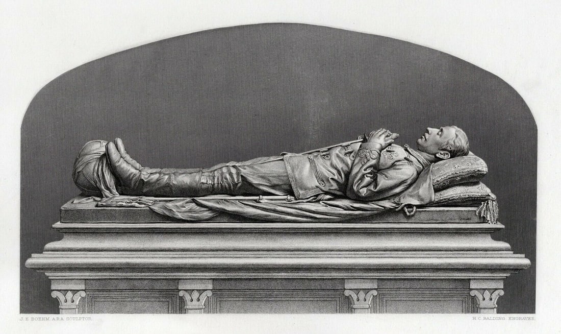 Joseph Edgar BOEHM Engraving Monument To The Prince Imperial Framed COA: Joseph Edgar Boehm (English, 1834 - 1890). The Monument To The Prince Imperial. Antique engraving on wove paper after the original by master engraver H C Balding (British, 1869-1876 fl.). Year: 1881. 
