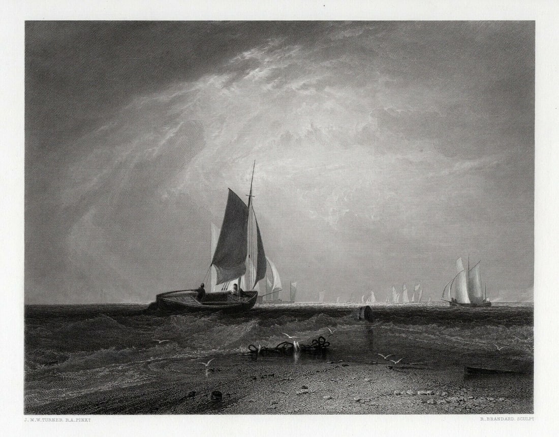 WILLIAM TURNER 1800s Engraving Bligh Sand Gallery Framed Signed COA: Joseph Mallord William Turner (English, 1775-1851). Bligh Sands. Antique engraving on wove paper after the original by master engraver Robert Brandard (British, 1805-1862). Year: 1864. Signed in the p