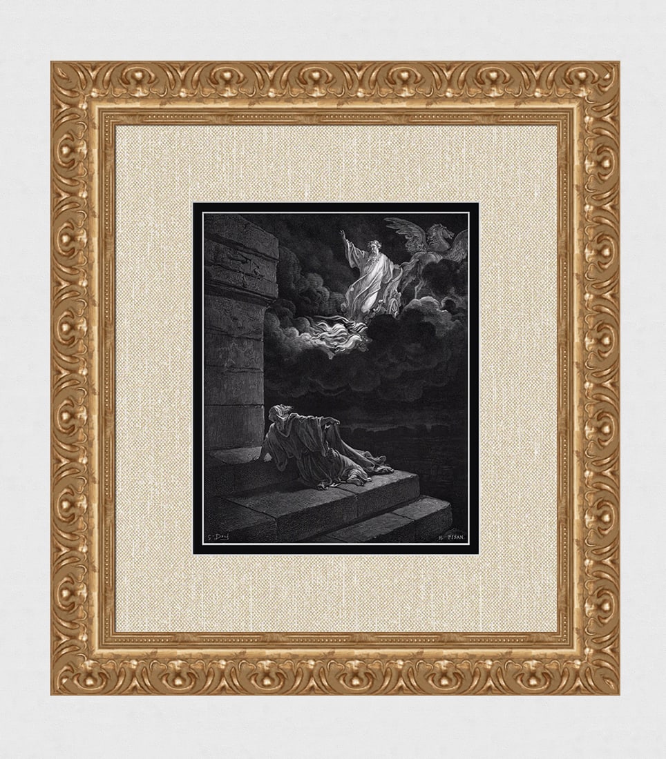 GUSTAVE DORE 1800s Biblical Woodcut Elijah Taken Up To Heaven SIGNED Framed: Gustave Dore (Paul Gustave Louis Christophe Dore) (French, 1832-1883). Elijah taken up to Heaven in a Chariot of Fire (from Dore's Bible). Antique woodcut wove paper after the original by a master woo