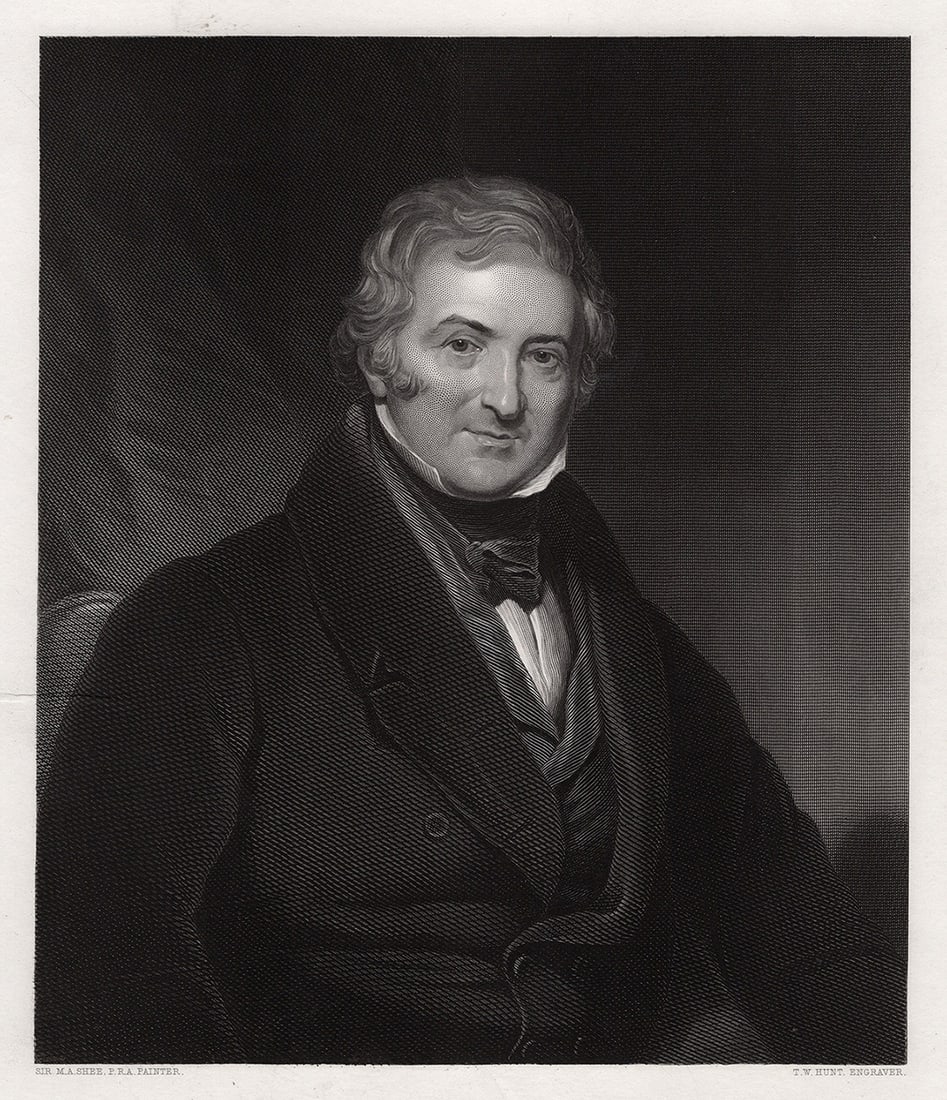 Martin Archer SHEE 1800s Engraving Thomas Morton Portrait SIGNED Framed: Sir Martin Archer Shee (Irish, 1769 - 1850). Morton, the Dramatist. Antique engraving on wove paper after the original by master engraver Thomas William Hunt (British, 1850 - 1880 fl.). Signed in the 
