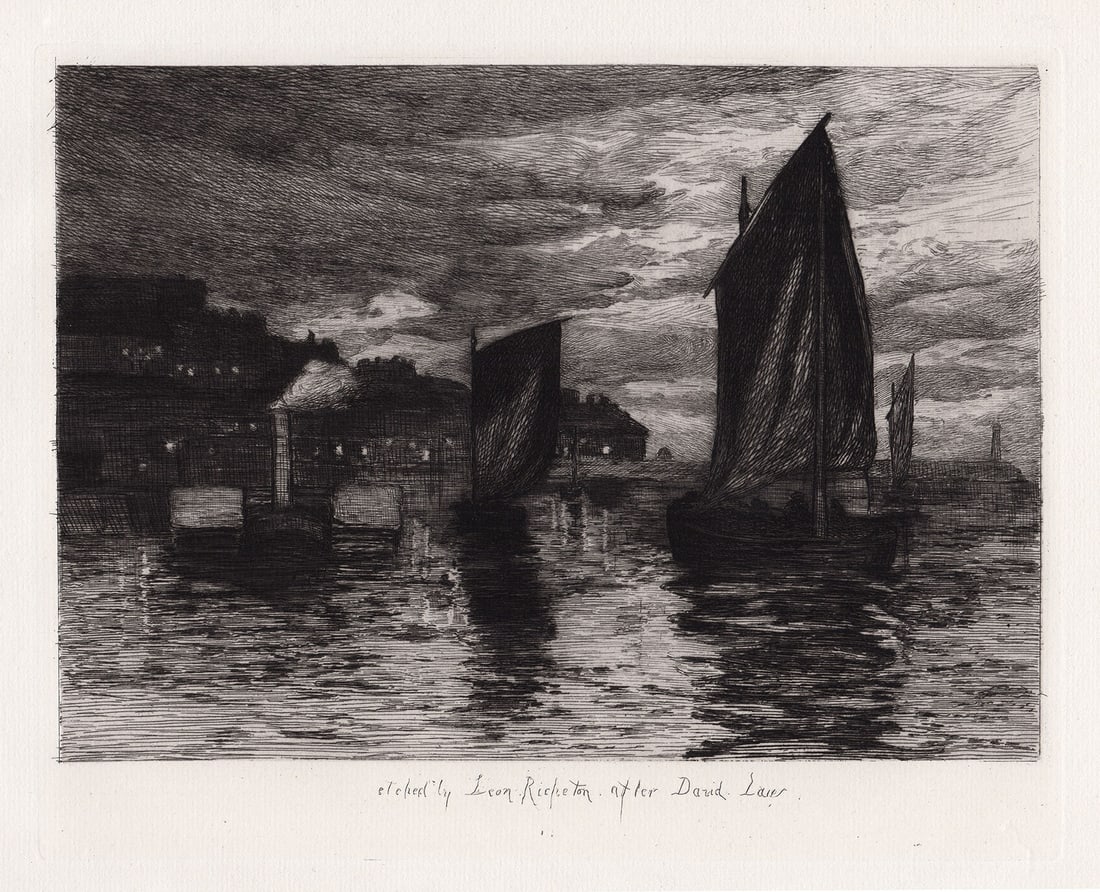 1879 David Law Whitby Harbour etching signed - 2