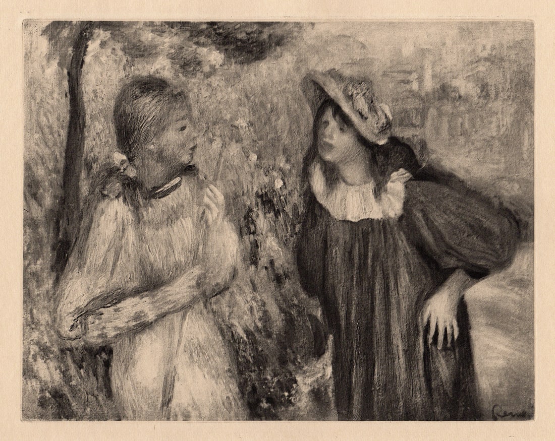 SIGNED 1919 RENOIR Engraving Deux Fillettes LIMITED Framed: Pierre Auguste Renoir (1841 - 1919). Little Girls (Fillettes). Antique copper plate heliogravure engraving on beau papier teinte hand pulled by Emile Fequet in Paris on December 15, 1919. Edition: One