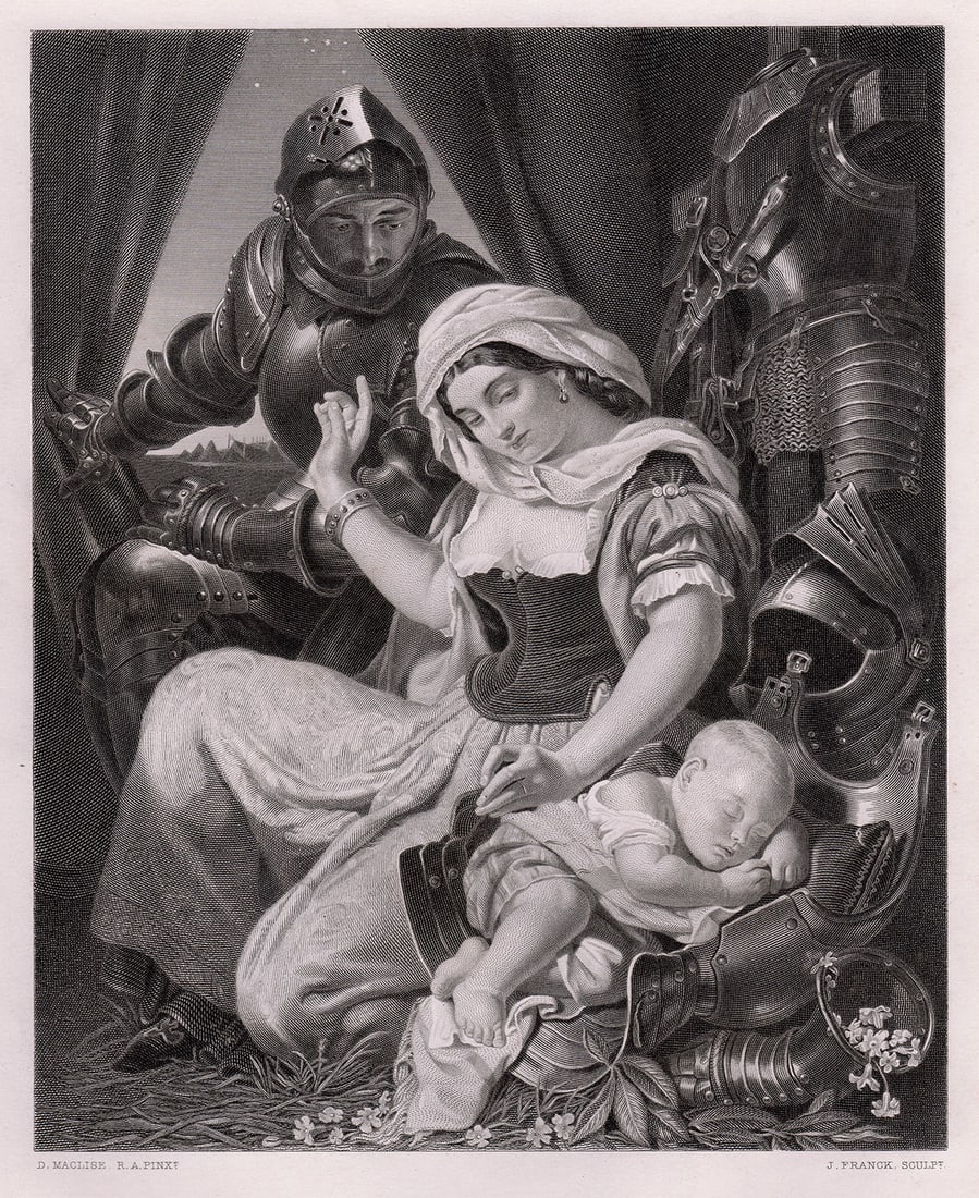 1869 Daniel Maclise The Warrior's Cradle engraving signed: Daniel Maclise. (Irish, 1806-1870). The Warrior's Cradle. Antique engraving on wove paper after the original by master engraver J. Franck. 1869. Signed in the plate. Excellent. Image Size 7 5/8 x 9 5/