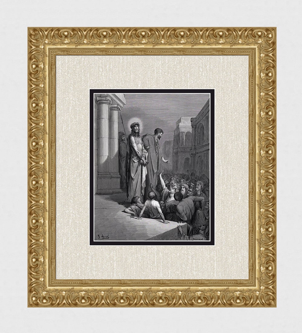 FRAMED 1800s Gustave Dore Biblical Woodcut Jesus Sentenced to Death SIGNED: Gustave Dore(Paul Gustave Louis Christophe Dore) (French, 1832-1883). Christ Presented To The People (from Dore's Bible). Antique woodcut wove paper after the original by a master wood engraver Paul J
