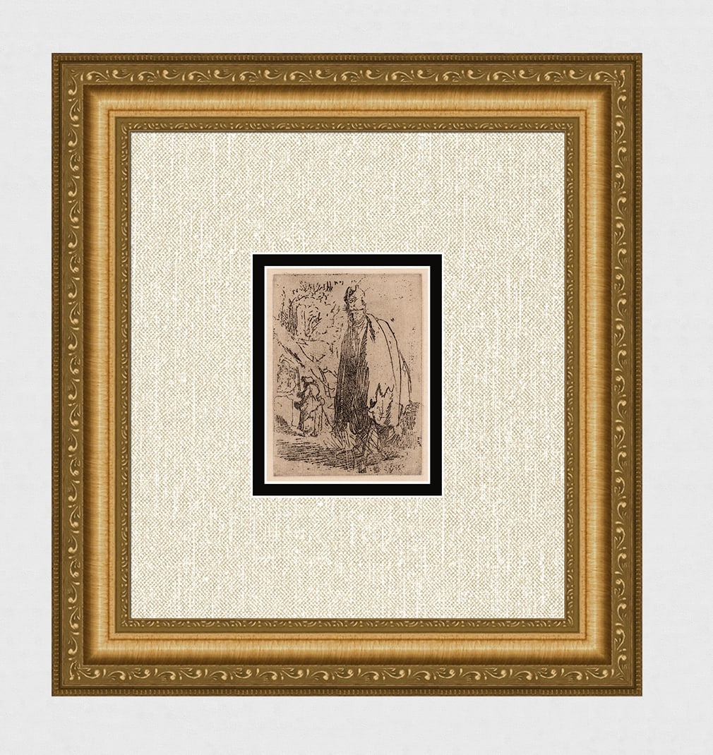 1800s REMBRANDT B184A Beggar Tall Hat Long Cloak DURAND: After Rembrandt Harmenszoon Van Rijn (1606-1669). Title: A Beggar in a Tall Hat, and Long Cloak, with a Cottage & Two Figures in the Background. Medium: Antique hand pulled copper plate etching on lai