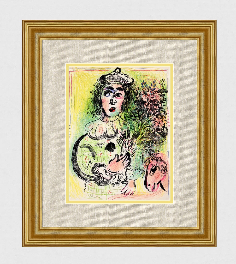 1963 Marc Chagall Lithograph The Clown with Flowers Circus Framed (1 of 3)