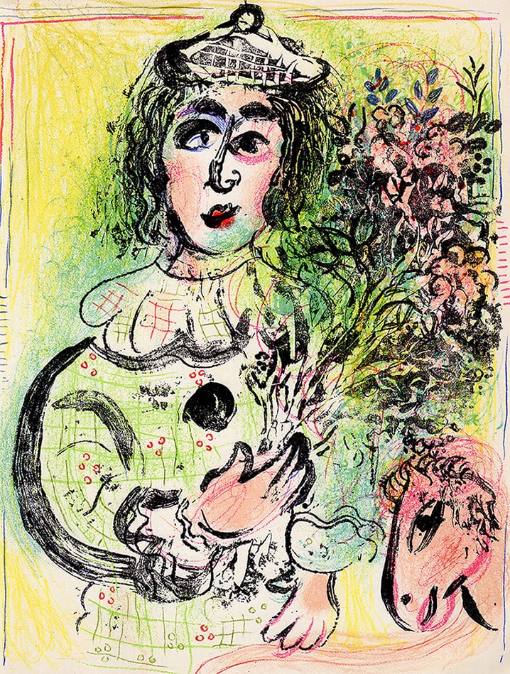 1963 Marc Chagall Lithograph The Clown with Flowers Circus Framed - 2