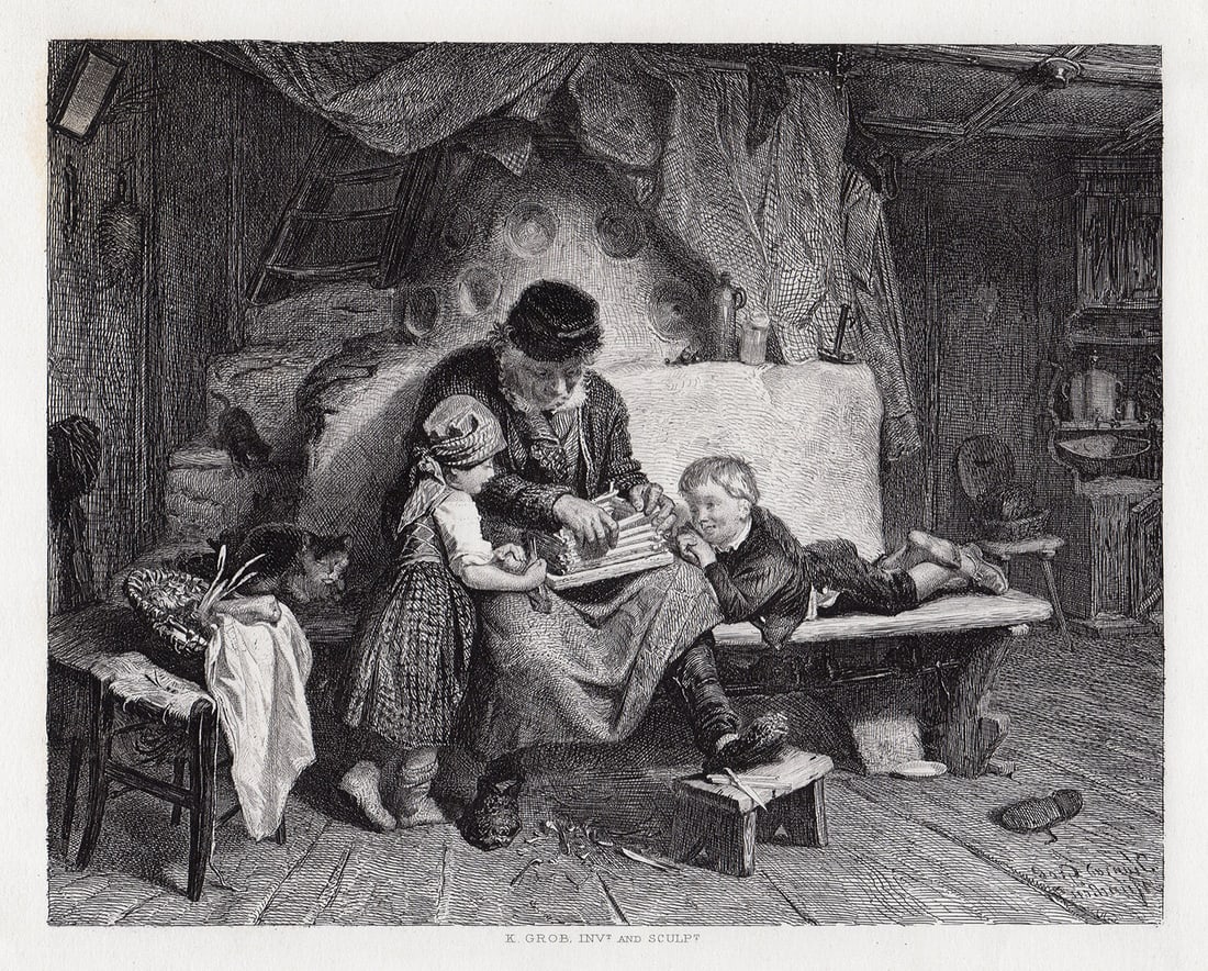 1879 Konrad Grob The Bird Trap engraving signed (1 of 2)