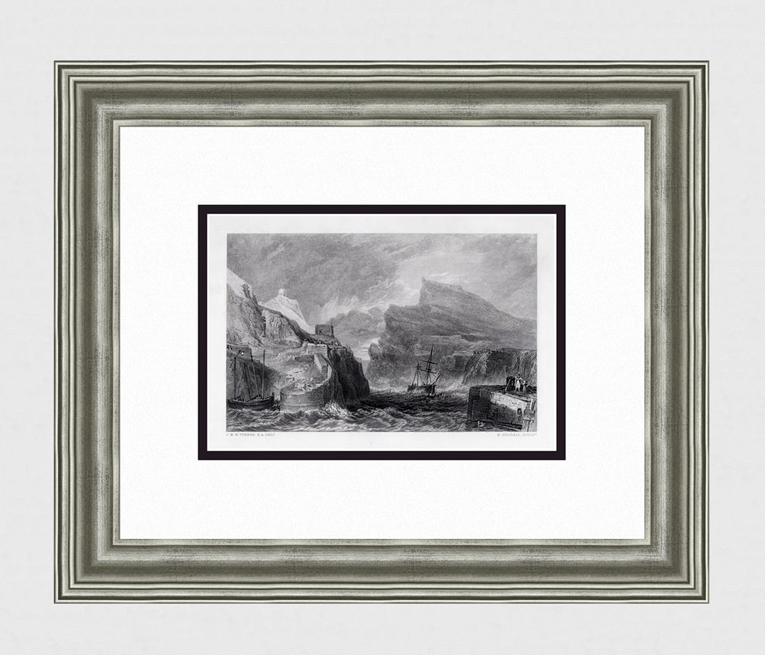 1800s WILLIAM TURNER Engraving Boscastle Fishing Port SIGNED Framed: Joseph Mallord William Turner (English, 1775-1851). Boscastle. Antique engraving on wove paper after the original by master engraver Edward Goodall (British, 1795-1870). Year: . 1878. Signed in the pl