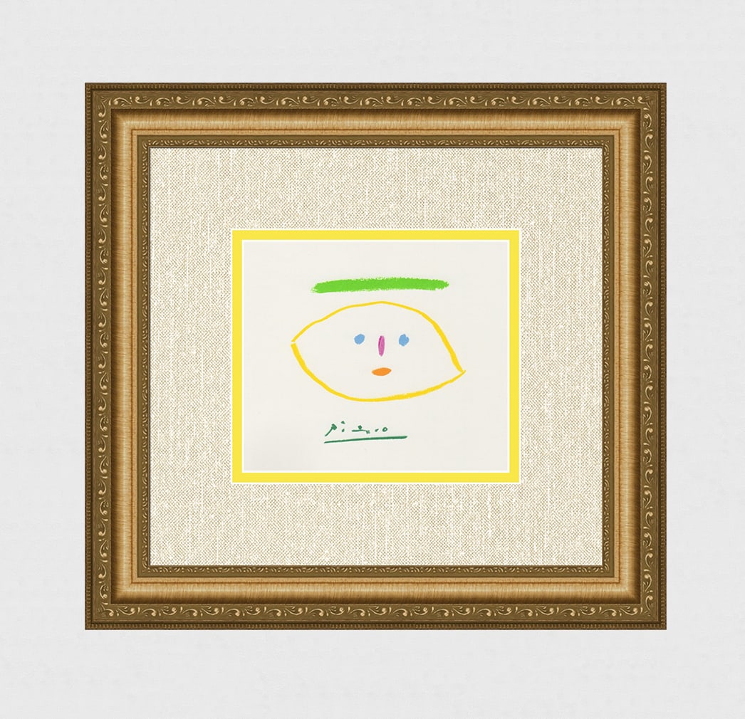 Pablo Picasso 1968 Lithograph LEMON FACE Signed Framed: Pablo Picasso (1881 - 1973). Abstract Faces VI. 1968 Color lithograph after the pastel on Wove paper. Signed in the Plate. Verlag Ullstein GmbH. Image size 6 1/4 x 7 1/8 inches. Framed dimensions appr
