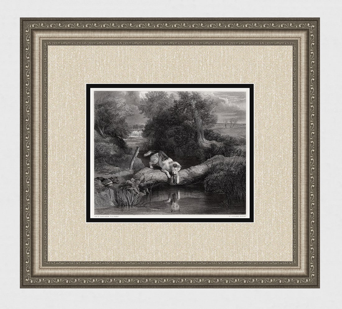 FRAMED 1800s Edwin Henry LANDSEER Engraving The Dog & his Shadow SIGNED (1 of 4)