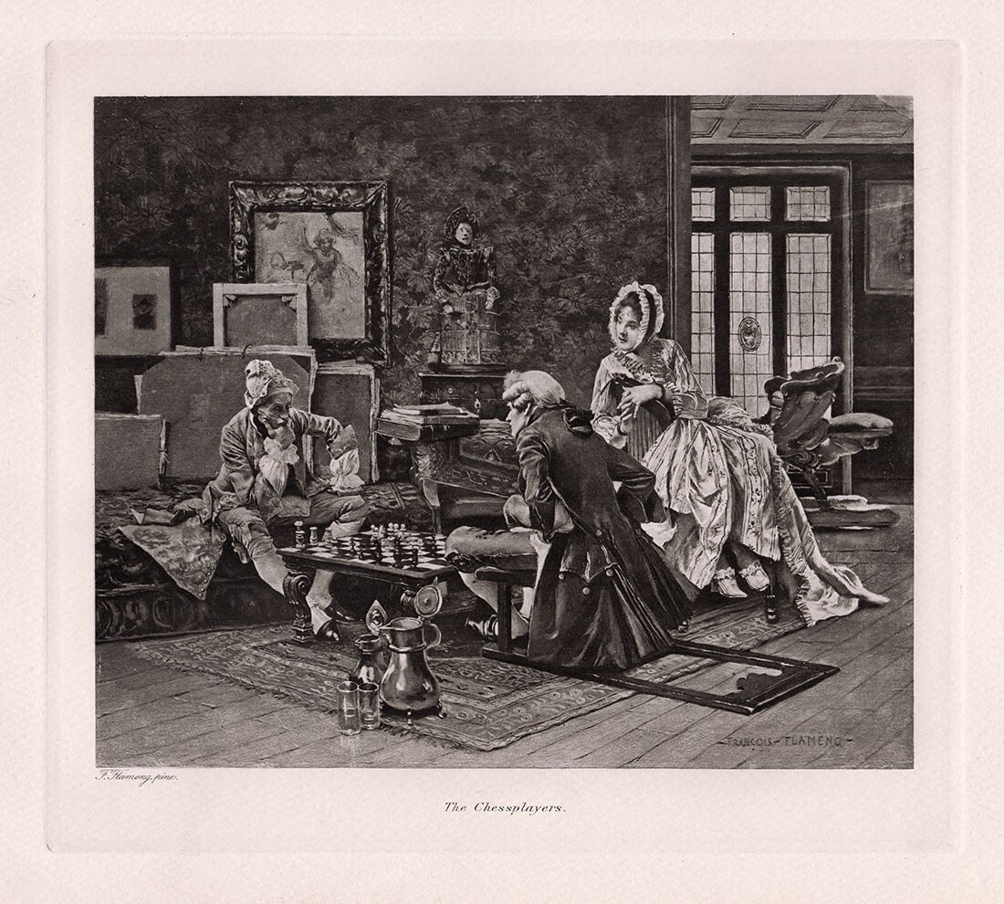 1800s FRANCOIS FLAMENG Antique Print "Chess Players" Framed Signed: Francois Flameng. (French,1856-1923). "The Chess Players". Antique heliogravure on wove paper after the original by a Master Engraver. 1891. Signed in the plate. Excellent. Image size 7 1/2 x 8 1/2 in