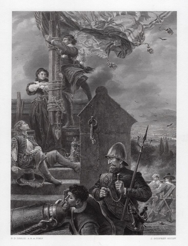 1800s GEORGE DUNLOP LESLIE 1800s Engraving Lathom House SIGNED Framed: George Dunlop Leslie (British, 1835-1921). The Defence of Lathom House, 1644. Antique engraving on wove paper after the original by master engraver John Godfrey (British, 1817-1889). Year: 1870. Signe