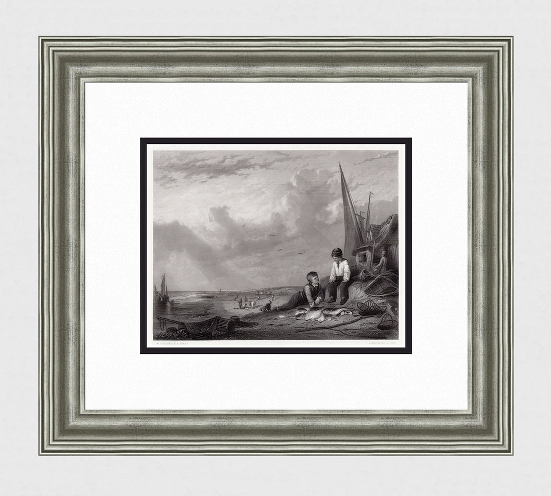 WILLIAM COLLINS 1800s Engraving The Fisher-Boys Catch SIGNED Framed (1 of 4)