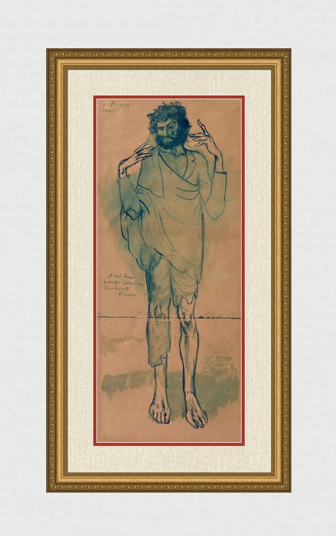 Rare 1963 Pablo Picasso Pochoir "The Fool" Limited Bleus en Barcelone: Pablo Picasso (1881 - 1973). "Le Fou (The Fool)," From the suite "Les Bleus de Barcelone." 1963. Lithograph heightened with pochoir by Jacomet on wove BFK Rives paper after the original. Number H.C. 1