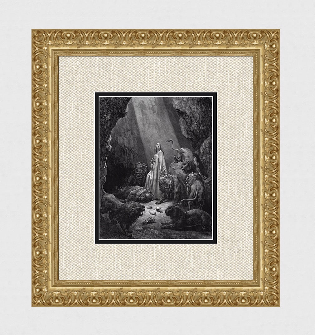 1800s Gustave DORE'S BIBLE Woodcut Daniel in the Lions Den FRAMED Signed: Artist: Gustave Dore (Paul Gustave Louis Christophe Dore) (French, 1832-1883). Daniel In The Den Of Lions (From Dore's Bible). Antique woodcut wove paper after the original by a master wood engraver A
