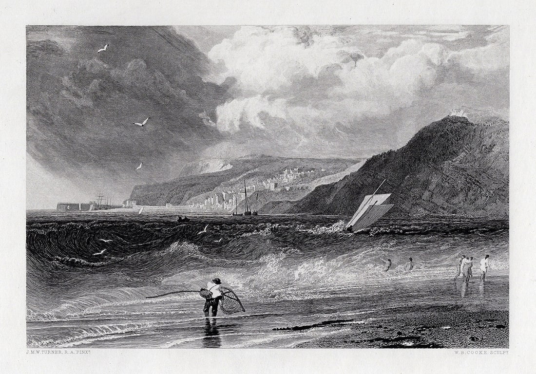 1800s William Turner Engraving Lyme Regis Signed Framed (1 of 3)