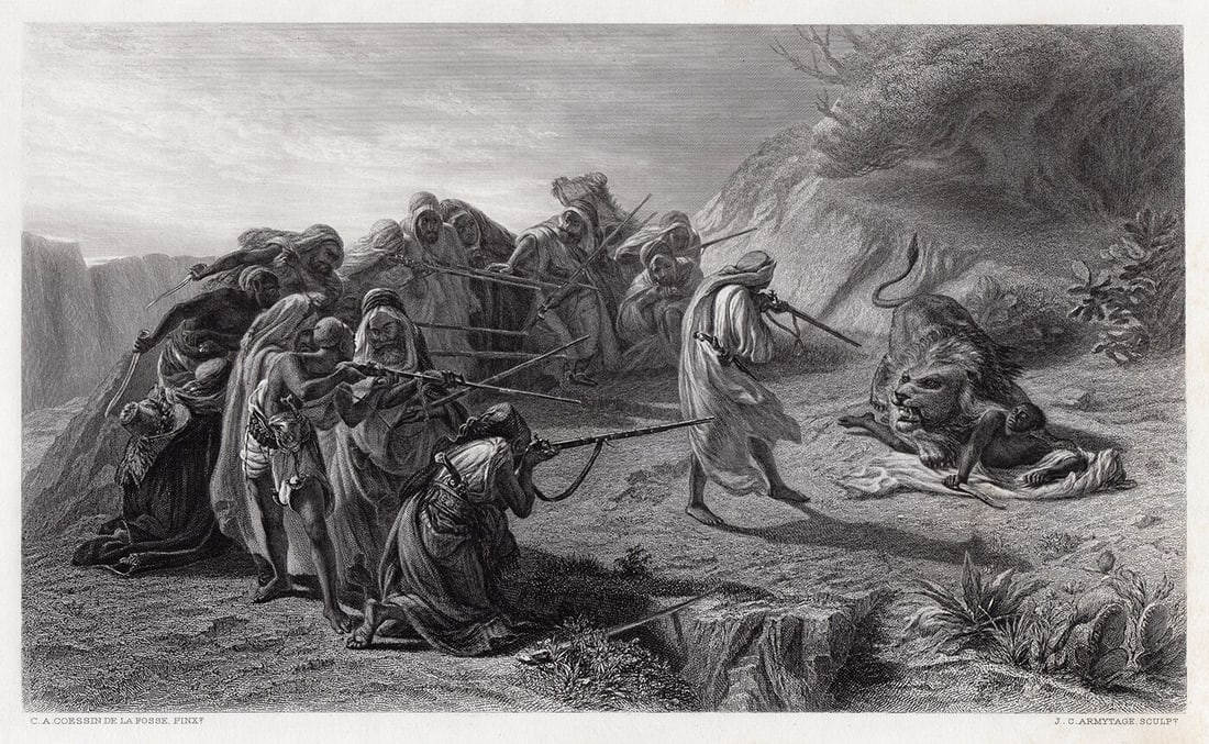 Charles Fosse Lion Hunting in Arabia 1878 engraving (1 of 2)
