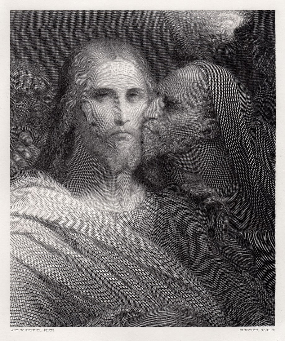 Ary Scheffer The Kiss of Judas 1869 engraving: Ary Scheffer. (Dutch-French, 1795-1858). The Kiss of Judas. Antique engraving on wove paper after the original by master engraver Louis Adolphe Chevron (born 1854). 1869. Signed in the plate. Excellen