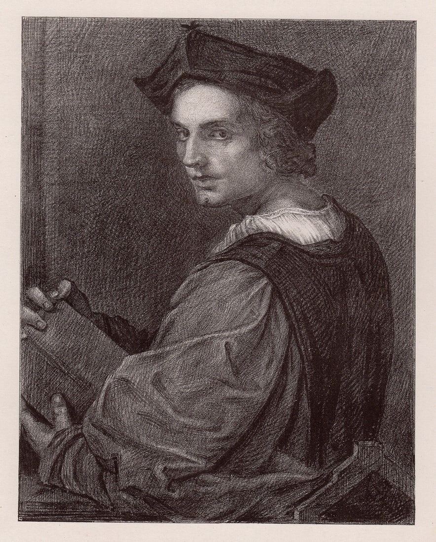 Edward Mitchell Portrait of Andrea Del Sarto 1873 lithograph: Edward H. Mitchell. "Portrait of Andrea Del Sarto". Antique Stone lithograph on wove paper after the original. 1873. Excellent. Image size 6 1/4 x 8 1/4 inches. Approximately 15 x 16 inches. This piec