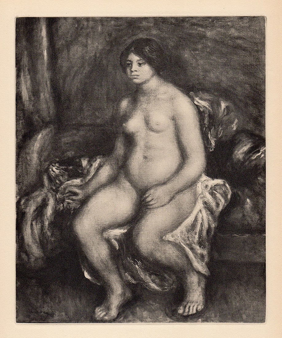 1919 RENOIR Antique Engraving "Femme nue Assise" Limited FRAMED: Pierre Auguste Renoir (1841 - 1919). Naked Woman Sitting (Femme nue Assise). Antique copper plate heliogravure engraving on beau papier teinte hand pulled by Emile Fequet in Paris on December 15, 1919