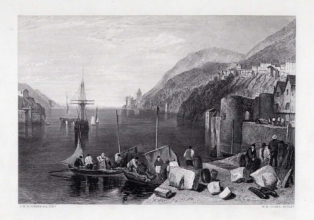 TURNER 1800s Antique Engraving Dartmouth on the River Dart Signed Framed (1 of 3)