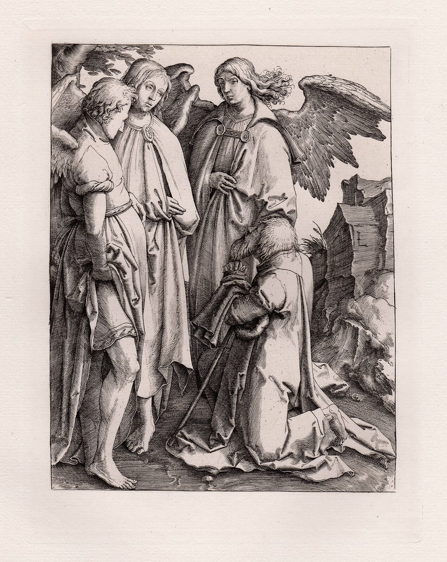 Lucas van Leyden Abraham Kneeling before the Angels engraving signed (1 of 2)