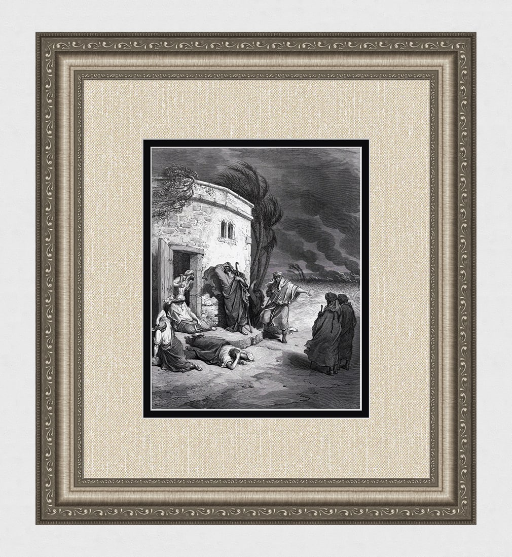 1800s GUSTAVE DORE Religious Woodcut Job Hears of His Misfortunes FRAMED SIGNED: Gustave Dore (Paul Gustave Louis Christophe Dore) (French, 1832-1883). Job Hearing of his Ruin (from Dore's Bible). Antique woodcut wove paper after the original by a master wood engraver Charles Maur