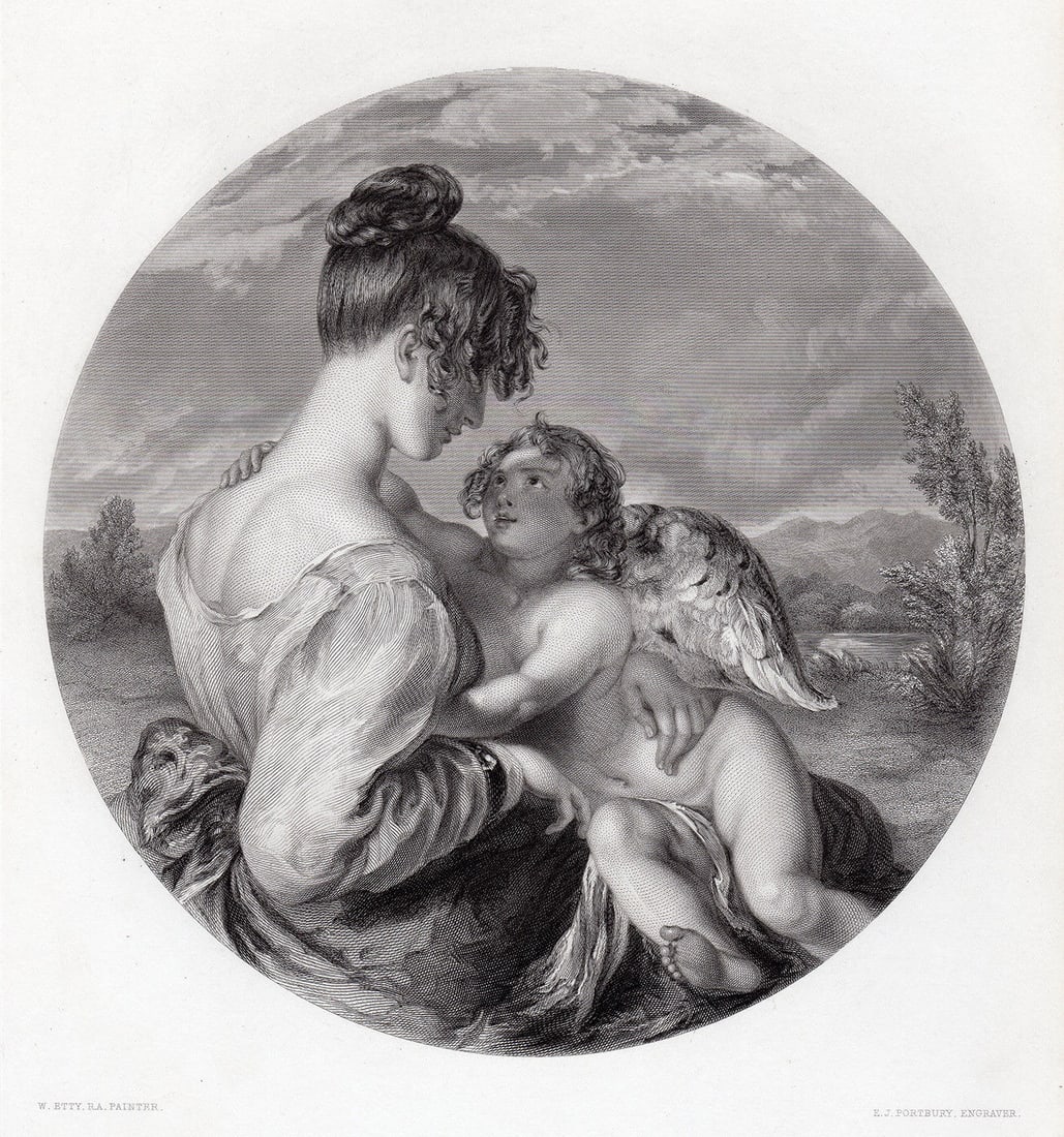 1852 William Etty The Dangerous Playmate engraving signed (1 of 3)