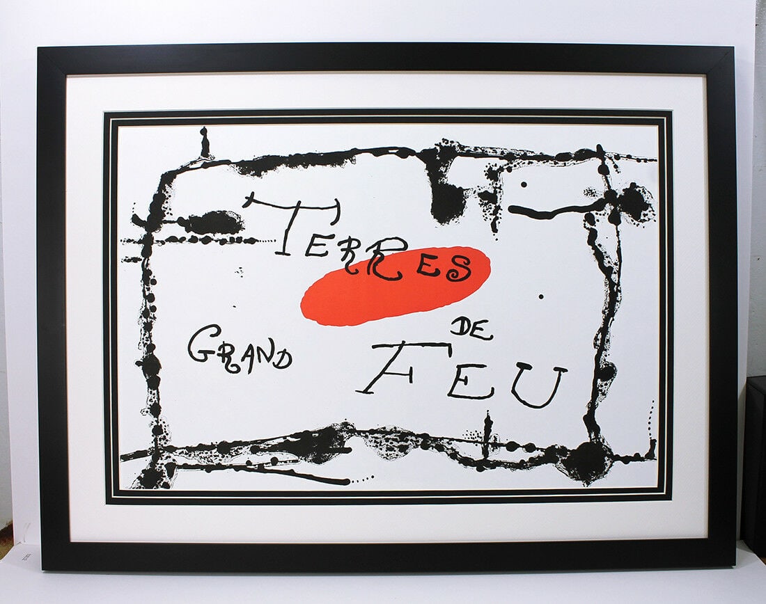 Joan Miro "Grand Terres de Feu" 1956 Lithograph: Joan Miro. "Grand Terres de Feu". Original Color Lithograph on Wove Paper. 1956. Maeght. Reference: Mourlot 224. Sheet Size - 15 x 22 inches. Framed dimensions: Approximately 21 1/2 x 28 5/8 inches. T