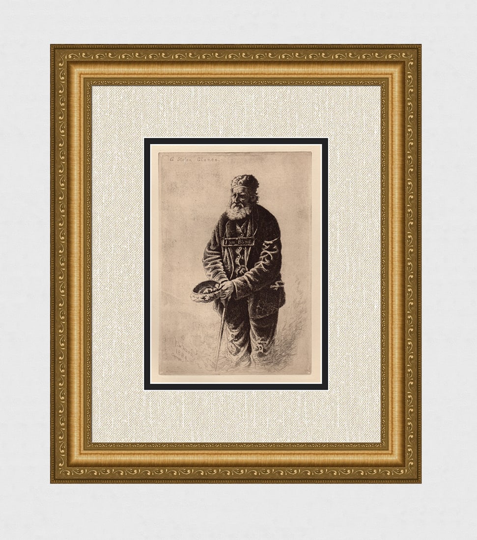 AntiqueThomas Waterman Wood etching Blind Beggar: Thomas Waterman Wood (American 1823 - 1903). (The Blind Man) A Stolen Glance. Original etching on wove paper. Signed in the plate, lower left. Year: 1892. Image size 7 7/8 x 10 inches. Framed dimensio