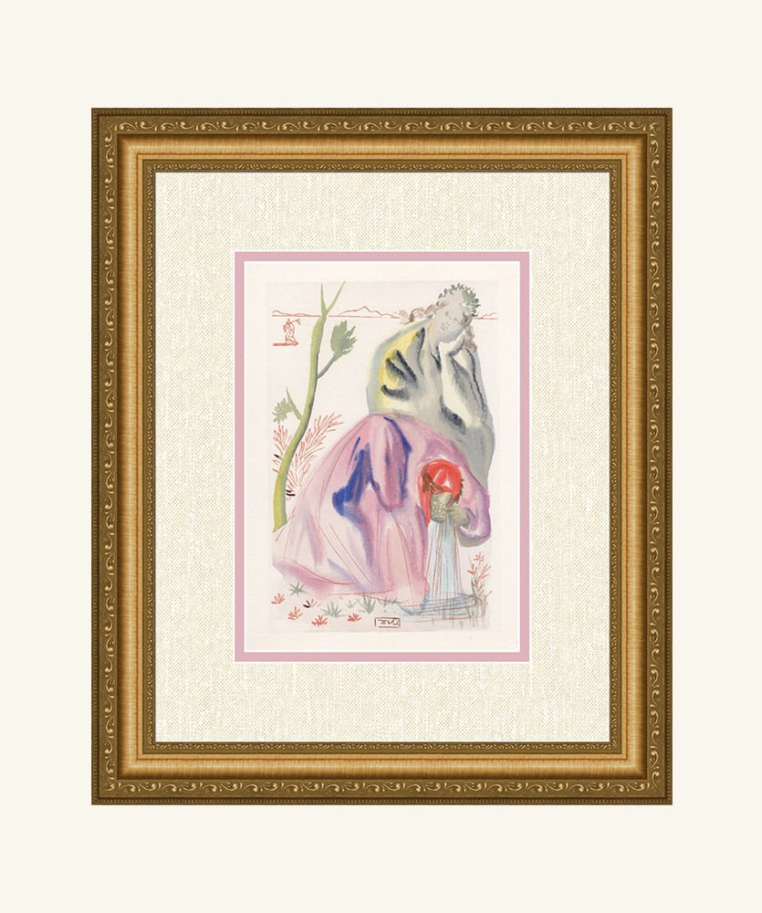 1960 Salvador Dali Woodcut The Source Signed Framed: Salvador Dali. "The Source" Purgatory Chant 21.Authentic Original Color Woodcut from The Divine Comedy Printed in 1960 on B.F.K. Rives Paper ( this is not a reproduction, copy, or reprint, but the