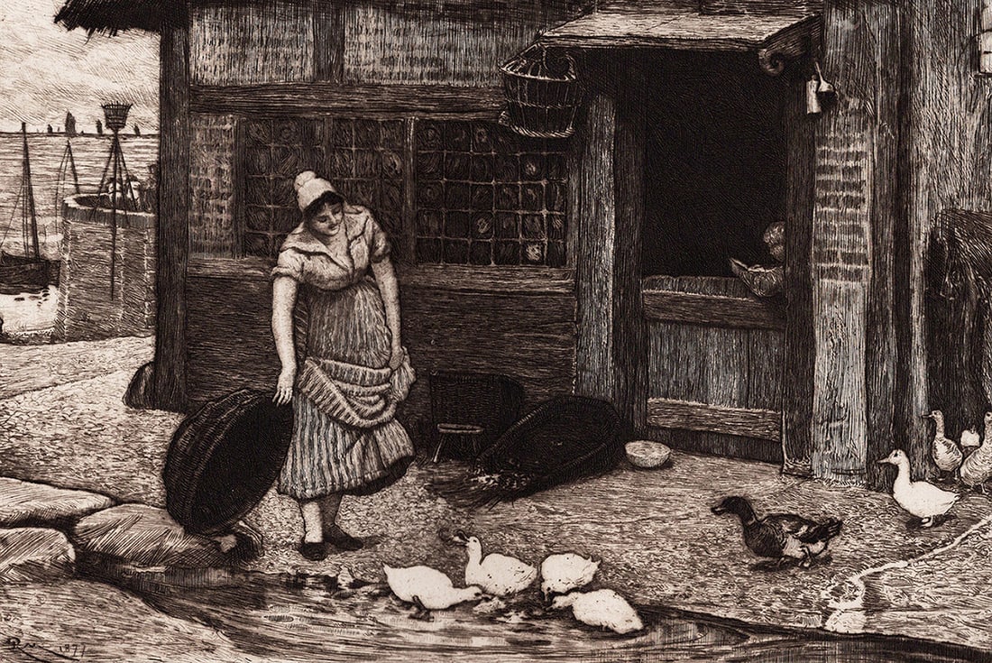 1883 Robert Walker Macbeth Meal-Time etching signed Framed - 2