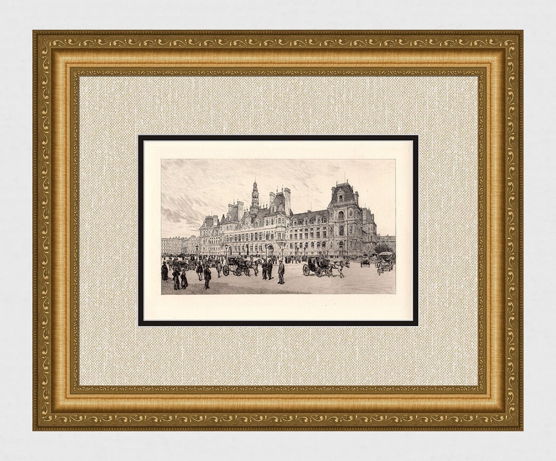 Adolphe Theodore Martial Potemont The Hotel De Ville 1883 etching: Adolphe Theodore Martial Potemont. (A.P. Martial) (1827-1883). "The Hotel De Ville". Original etching on thick laid paper. 1883. Excellent. Image size 6 3/4 x 11 inches. Framed dimensions approximatel