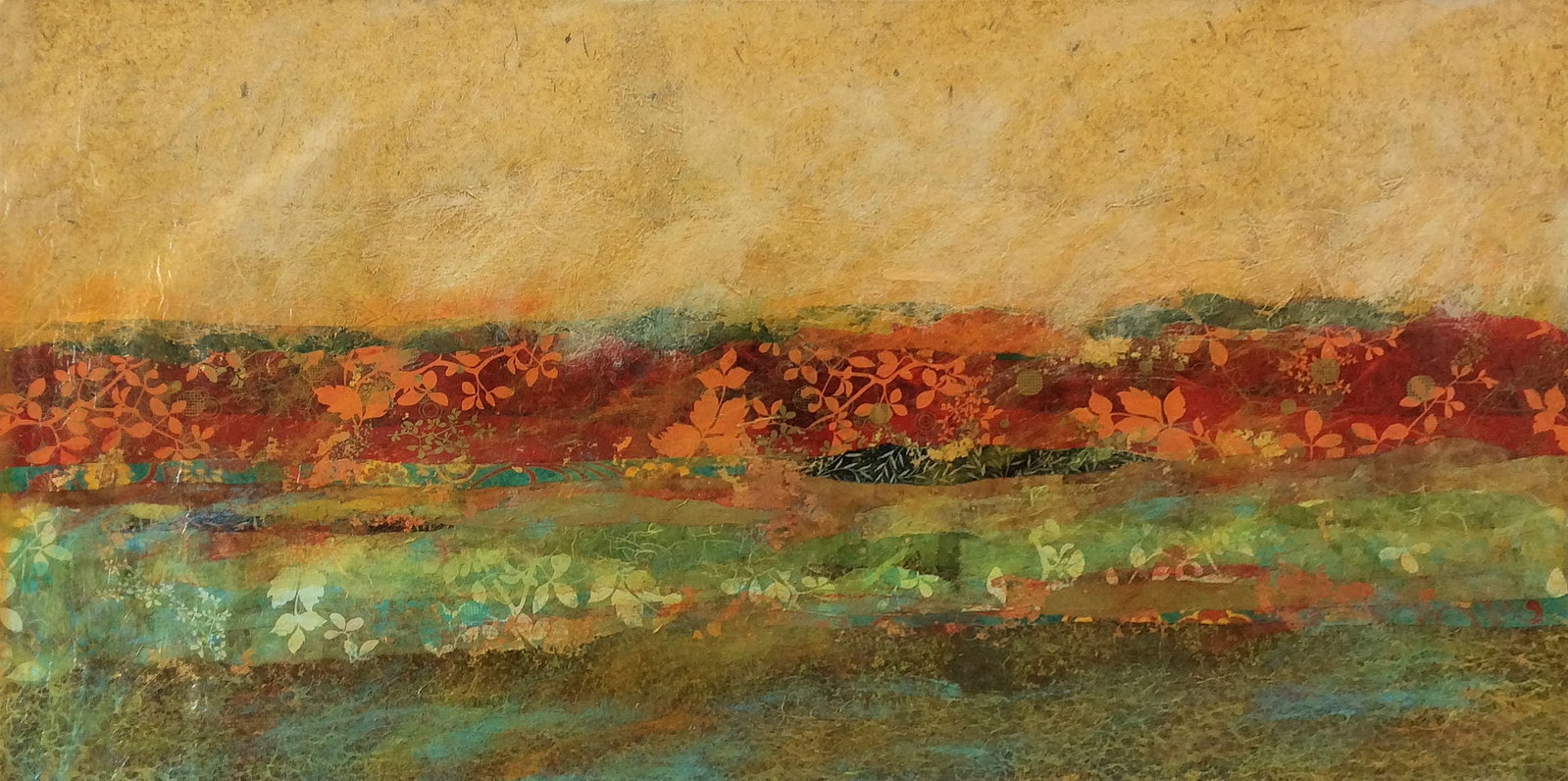 P.T. Tiersky Mixed Media Floral Painting 30 x 60 inches: P.T. Tiersky. Floral Symphony. Original mixed media with collage on canvas. Canvas Size 30 x 60 inches. Born in a small, farming community in Illinois, P.T.?s growing up years were spent immersed in