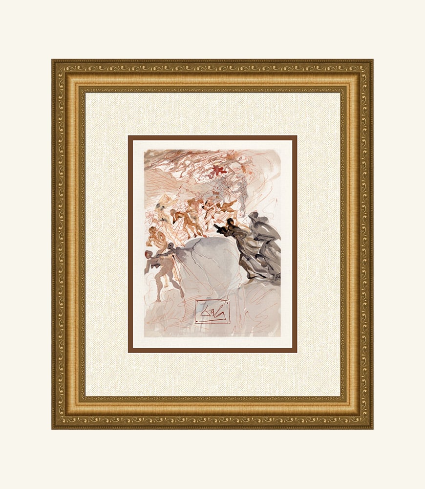 Salvador Dali 1960 Woodcut The Seventh Terrace:Lust Signed Framed: Salvador Dali. "Mounting The Seventh Terrace: Lust" Purgatory Chant 25. Original Color Woodcut on B.F.K. Rives Paper. Block Engraved Signature. Sheet Size 10 1/4 x 13 inches. 1960. Reference: Michler/