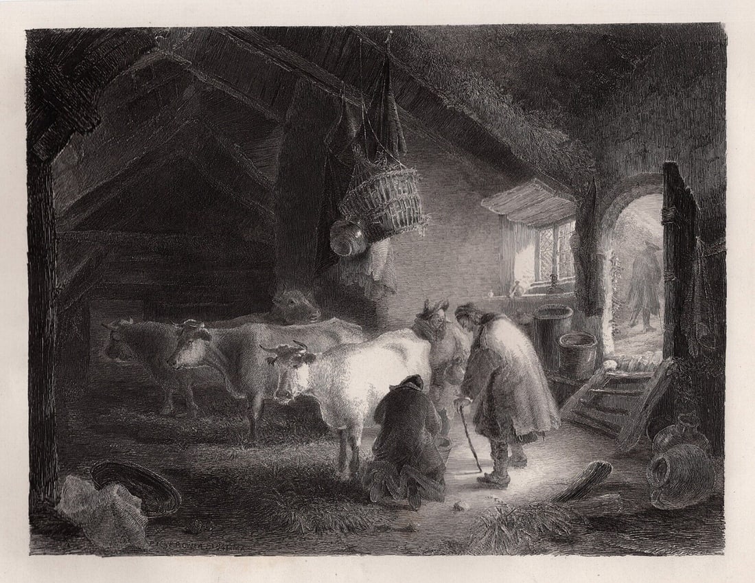 1800s Original EDWARD PRYCE OWEN Etching MILKING TIME Framed Signed: Edward Pryce Owen (British, 1788-1863). Milking Time. Original etching on wove paper.Year: 1865. Signed in the plate, lower left. Image Size 7 1/8 x 9 1/4 inches. Dimensions approximately 16 x 19 inch